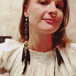 Handmade Amber, Pearl & Feather Earrings